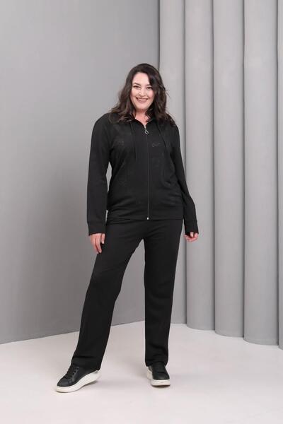 Ebsumu Дамски спортен екип с качулка в черен цвят и камъни