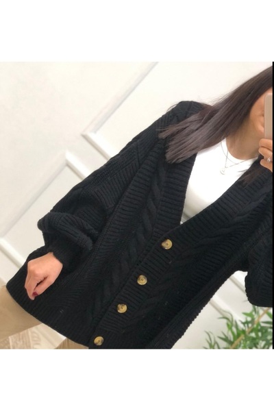 Vaniza Long Sleeve Buttoned Knit Cardigan with Hair Braid Detail