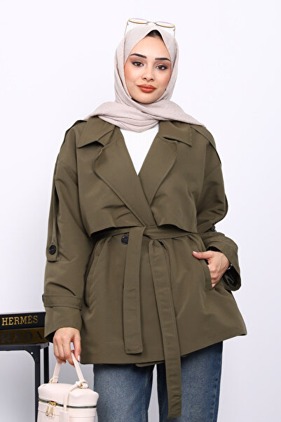 İmajButik Khaki Kravuze Collar Buttoned Short Trench Coat