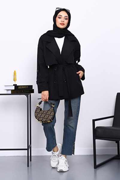 İmajButik Black Kravuze Collar Buttoned Short Trench Coat