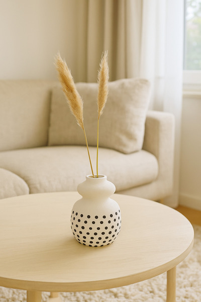 MARIA HOMES مزهرية سيراميك بيضاء طبيعية بنقاط سوداء - مزهرية دائرية منحنية مز...