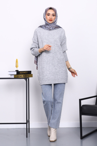 İmajButik Gray Crew Neck Knitwear Sweater