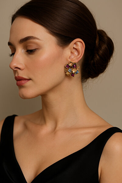 COCOSH TAKI Fuşya pembe mavi kristal taşlı abiye zarif küpe