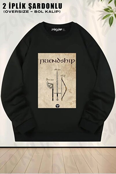 ZOKAWEAR سويت شيرت يونيسكس Lotr Friendship مطبوع قصة فضفاضة برقبة دائرية