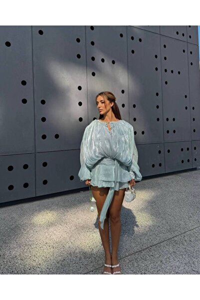 NEW JOURNAL Premium Trend Parlak Kumaş Dökümlü Balon Kol Eteği Fırfırlı Şortlu Elbise