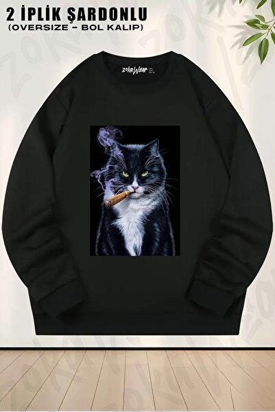 ZOKAWEAR Унисекс суитшърт с голям размер и принт на харизматична котка, пушещ...