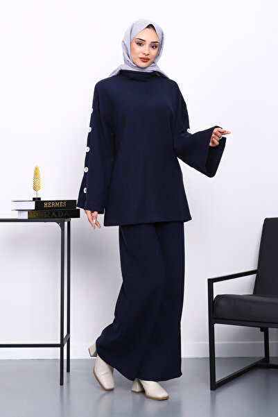 İmajButik Синій комплект з тунікою з деталями на рукавах і брюками