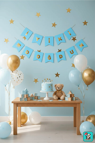 Bunloon Blue Gold Happy Birthday Gilded Banner – Birthday Party Lettering