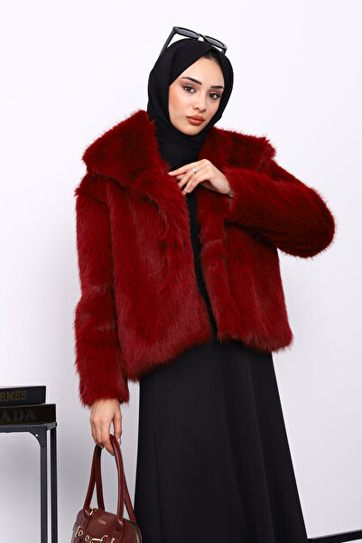 İmajButik Burgundy Lined Short Fur Coat