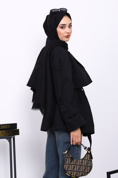 İmajButik Black Kravuze Collar Buttoned Short Trench Coat