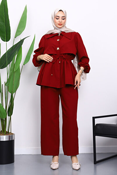İmajButik Burgundy Double Crepe Tunic Trouser Set