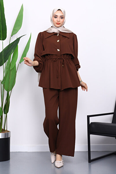 İmajButik Brown Double Crepe Tunic Trouser Suit