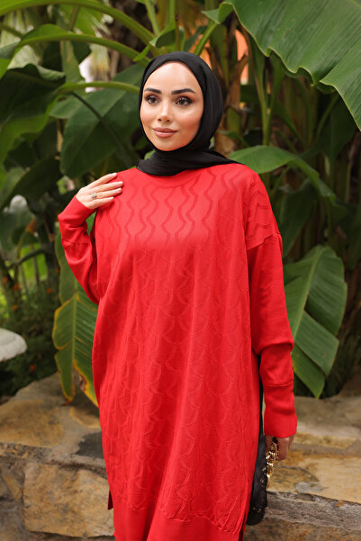 İmajButik Red Crew Neck Cold Thread Knitwear Tunic