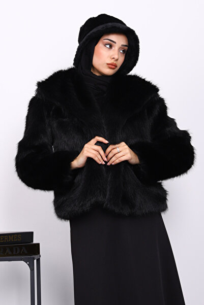 İmajButik Black Lined Short Fur Coat