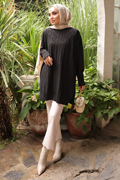 İmajButik Black Crew Neck Cold Thread Knitwear Tunic