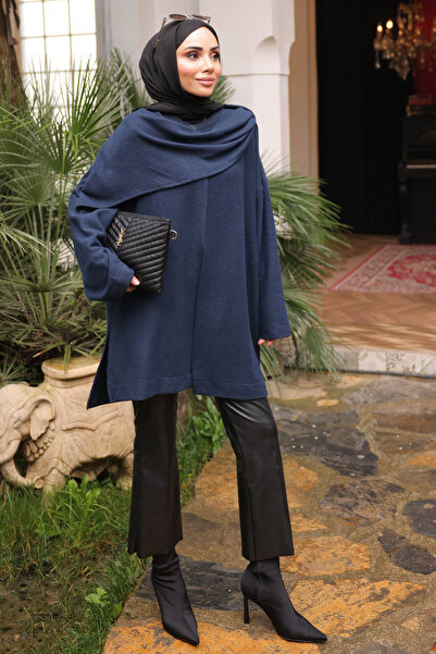 İmajButik Navy Blue Shawl Detailed Textured Cardigan