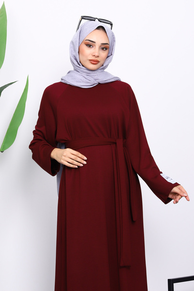 İmajButik Φόρεμα με μπορντό λακαρισμένο μανίκι με κορδόνια με κορδόνια βασικής μοντάλ