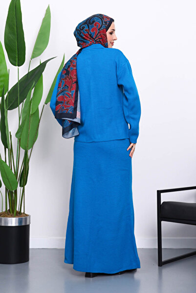 İmajButik Σετ με μπλε πουκάμισο με γιακά και πλεκτή φούστα με κουμπιά