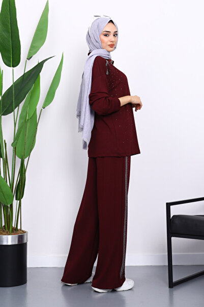 İmajButik Plum Stone Collar Zippered Tunic Trouser Set