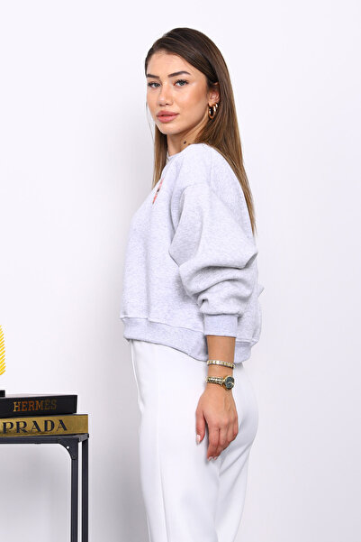 İmajButik Gray Crew Neck Embroidered Three Thread Short O Oversized Sweat