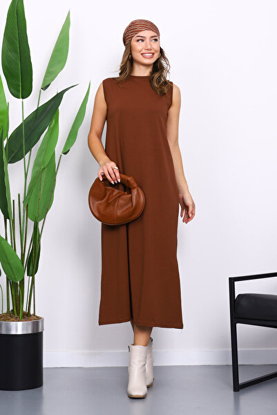 İmajButik Καφέ Μηδενικό Χτενισμένο Βαμβακερό Φόρεμα Εσωρούχου