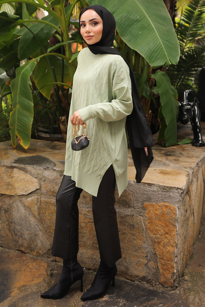 İmajButik Mint Green Crew Neck Cold Thread Knitwear Tunic