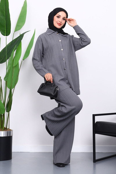 İmajButik Smoked Shirt Collar Buttoned Trouser Knitwear Set