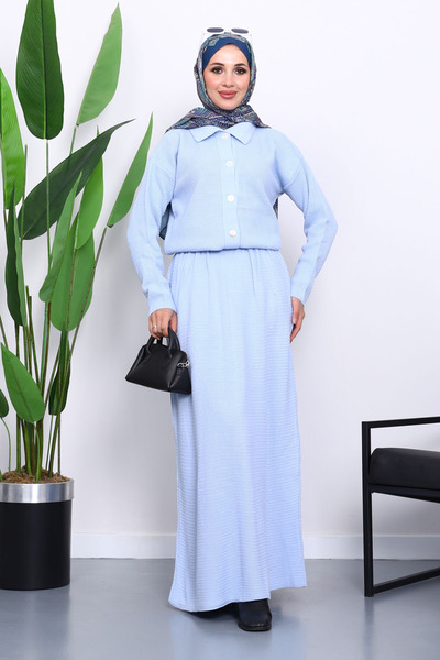İmajButik Baby Blue Shirt Collar Buttoned Knitwear Skirt Set