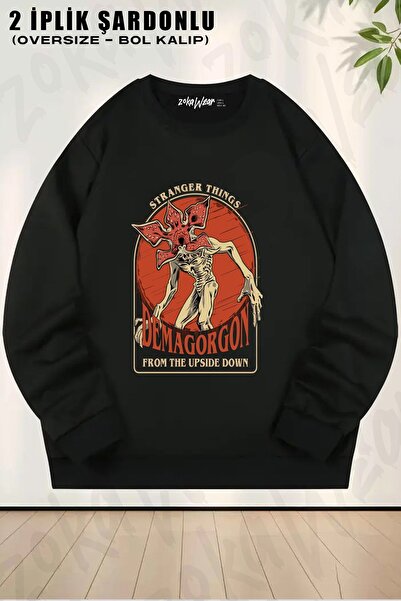 ZOKAWEAR سويت شيرت يونيسكس من Stranger Things Demagorgon مطبوع قصة فضفاضة برق...