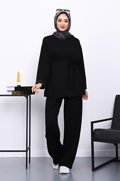 İmajButik Black Belted Trousers Modal Suit with Pockets
