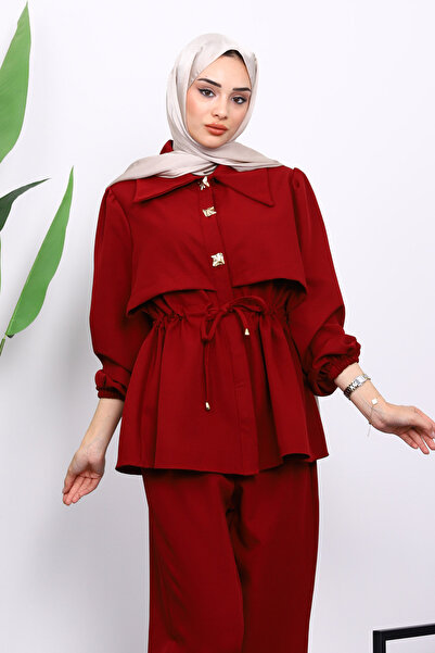 İmajButik Burgundy Double Crepe Tunic Trouser Set