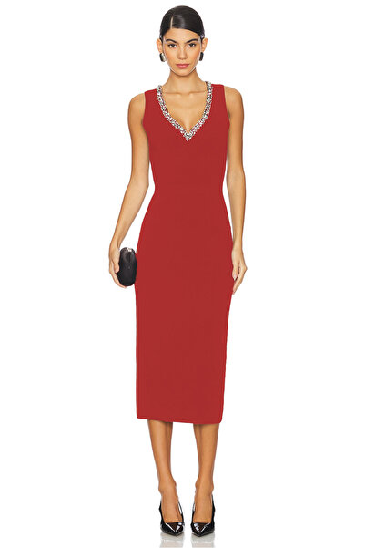 AFR CLOTHES Women's Special Design Tal Detail Double Layer Jerse Midi Dress