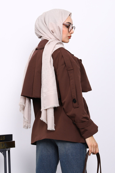 İmajButik Brown Kravuze Collar Buttoned Short Trench Coat