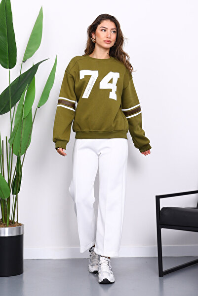 İmajButik Oil Green Front and Arm Printed Three Thread Sweat