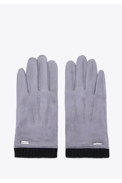 Wittchen Men's Grey Polyester Gloves with Diagonal Stitching and Rib Cuff