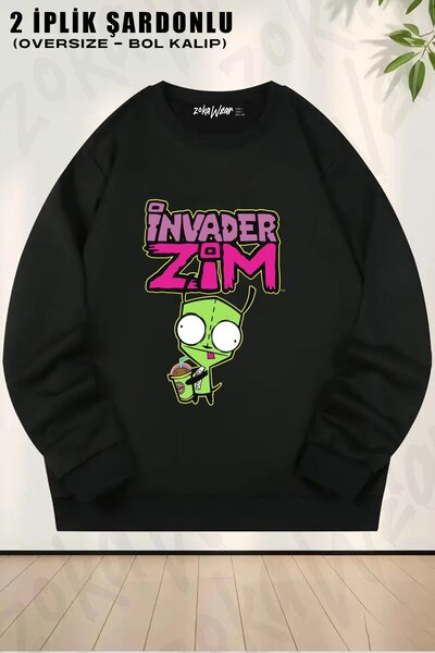 ZOKAWEAR سويت شيرت للجنسين من Invader Zim Gir Snacking مطبوع قصة فضفاضة برقبة...