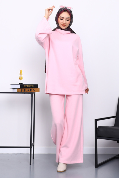 İmajButik Ροζ Σετ Τουνίκ με Λεπτομέρεια Μανικετόκουμπα και Παντελόνι