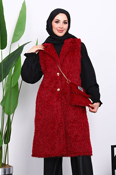 İmajButik Burgundy Bag Angora Plush Fur Vest with Gift