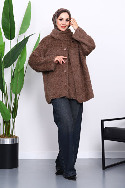 İmajButik Angora Jacket with Brown Scarf Detail and Buttons