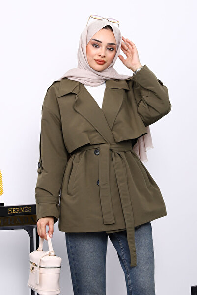 İmajButik Κοντό παλτό με κουμπιά με γιακά χακί