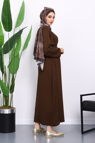 İmajButik Brown Sleeve Embroidered Raglan Sleeve Basic Modal Belted Dress
