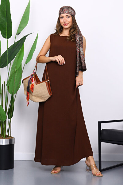 İmajButik Καφέ Φόρεμα Εσωτερικής Χρήσης Αυρομπίν με Μηδενικό Μανίκι