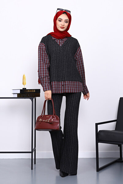 İmajButik Anthracite Plaid Shirt Detailed Trousered Knitwear Set