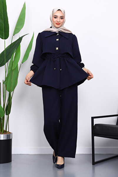 İmajButik Navy Blue Double Crepe Tunic Trouser Suit