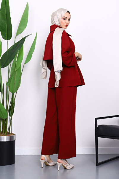 İmajButik Burgundy Double Crepe Tunic Trouser Set