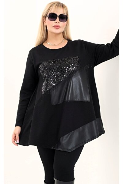 Kheos Crew Neck Tunic with Sequins and Leather Detail on the Front, Printed Slits, Large Size, Special Design Tunic