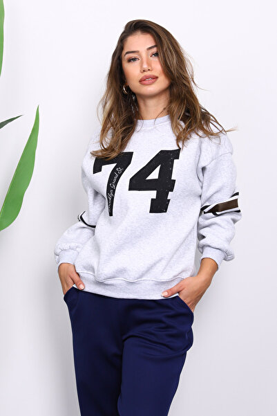 İmajButik Gray Front and Sleeve Printed Three Thread Sweat