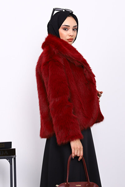 İmajButik Κοντό γούνινο παλτό με επένδυση από μπορντό