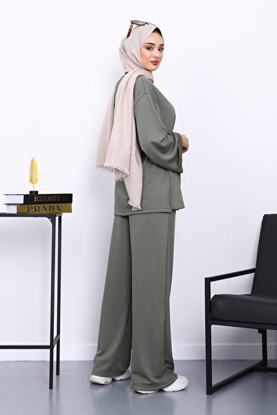 İmajButik Khaki Waist-Tied Pants Modal Suit with Pockets