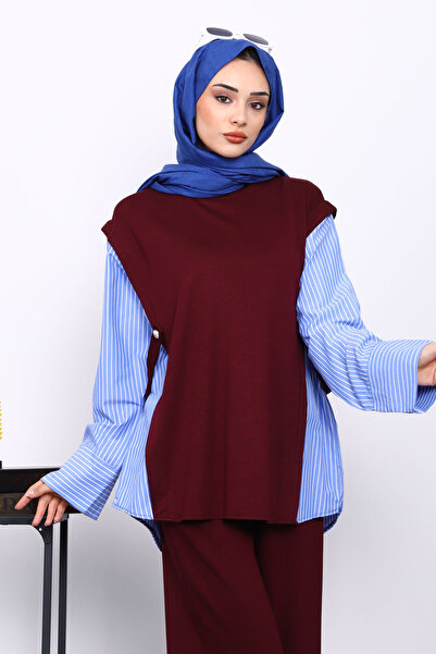 İmajButik Mürdüm Paneled Modal Suit with Tunic Trousers